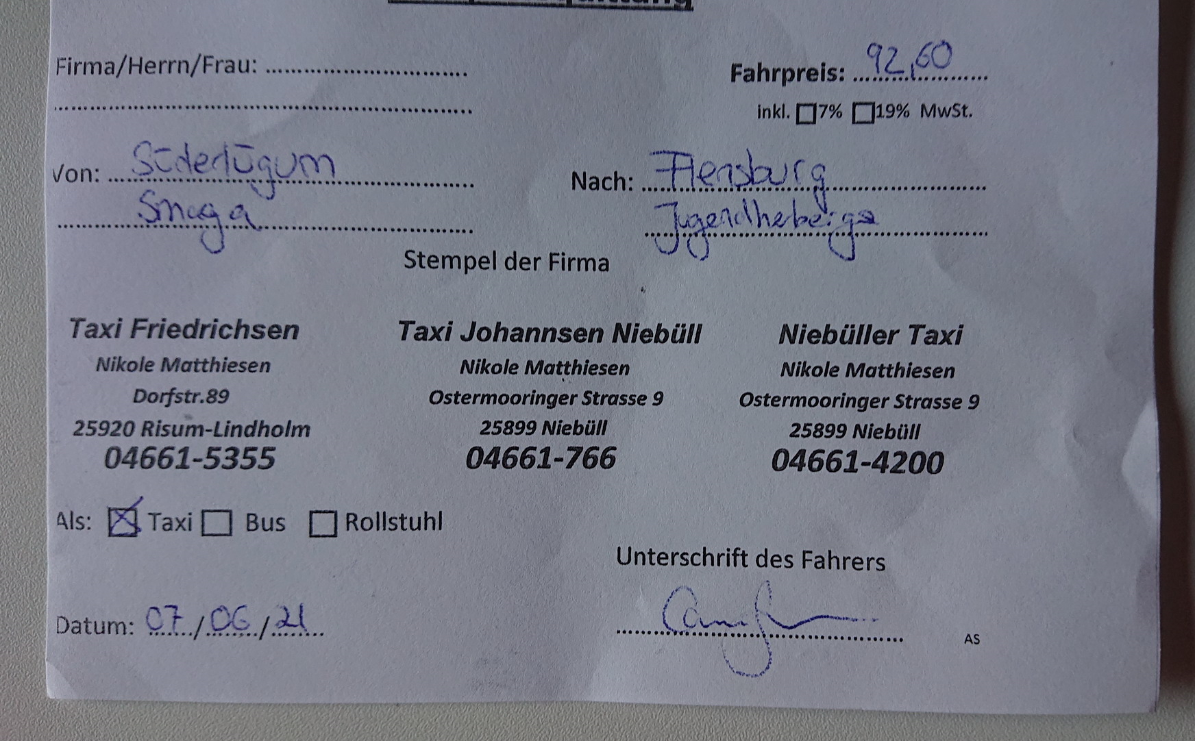 Taxi bill